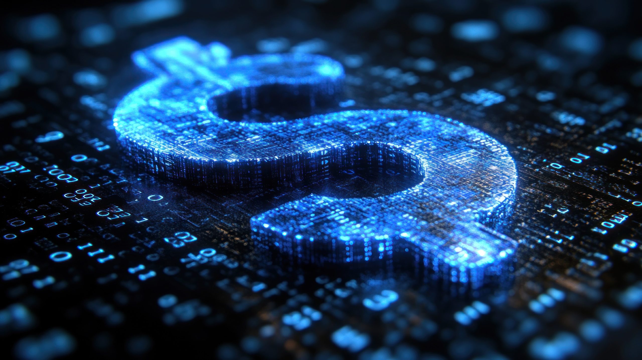 A glowing digital dollar sign stands out against binary code, showcasing innovation in finance and tech